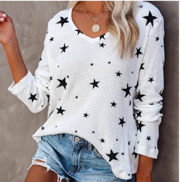 New white and black star print long sleeve shirt - Picture 7 of 10